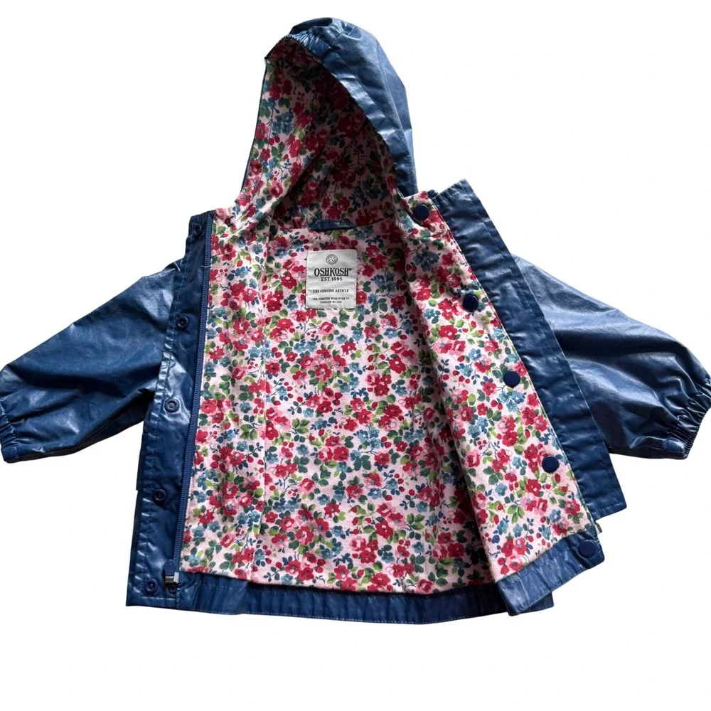 OshKosh Raincoat Girls 12M Blue Metallic Floral Lined Hooded Rain Jacket‎